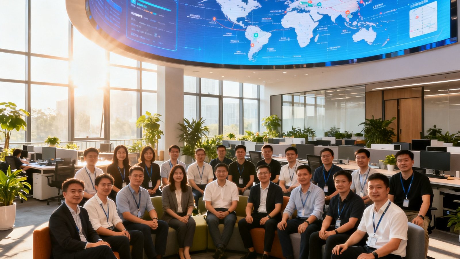 AGGAME中国区核心团队成员在开放式办公区合影，背景是巨大的弧形LED屏幕显示着全球服务节点分布图，团队成员共32人围坐在一起，氛围轻松自信，阳光从落地窗洒入，办公区绿植点缀其间。