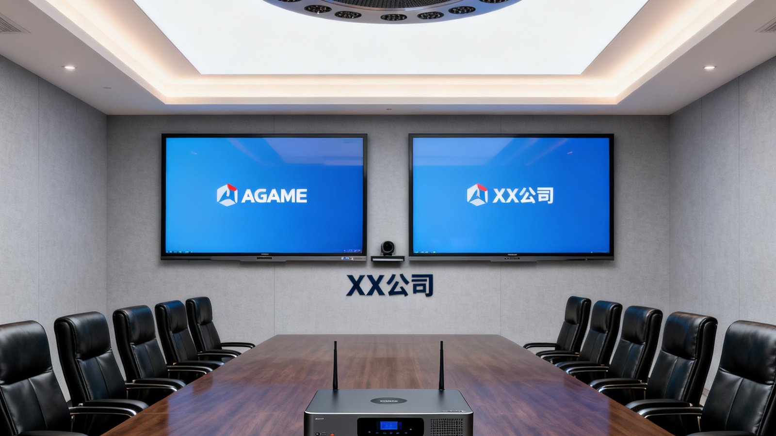 中型企业的专业视频会议室，配备双屏显示、吸顶麦克风阵列和AGGAME硬件终端，约12个席位，墙上装饰着公司品牌标识，整体装修风格现代商务。
