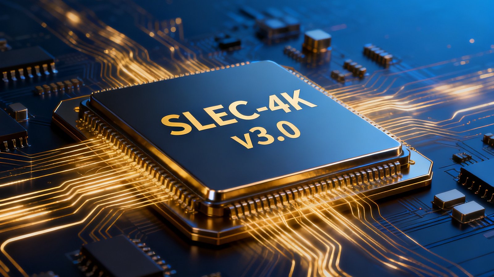 一张科技感十足的产品发布背景图，深蓝渐变底色上呈现SLEC-4K v3.0的芯片架构示意图，金色的数据流线条穿梭其间，画面中央是醒目的版本号标识。