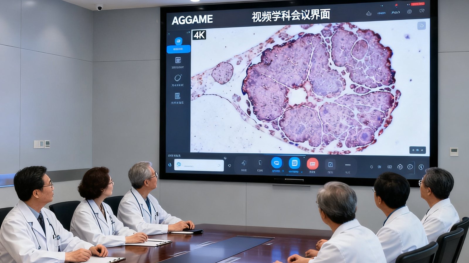 医院多学科会诊室的场景照片，大屏幕上显示AGGAME视频会议界面，多位穿白大褂的专家正在远程讨论病理影像，画面中的4K病理切片细节清晰可见，环境明亮专业。