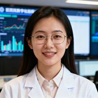 一位青年女性医院信息科负责人的职业肖像，她戴着细框眼镜，身穿白色大褂内搭淡色衬衫，背景是医院数字化指挥中心的大屏幕，神态专注而亲切。